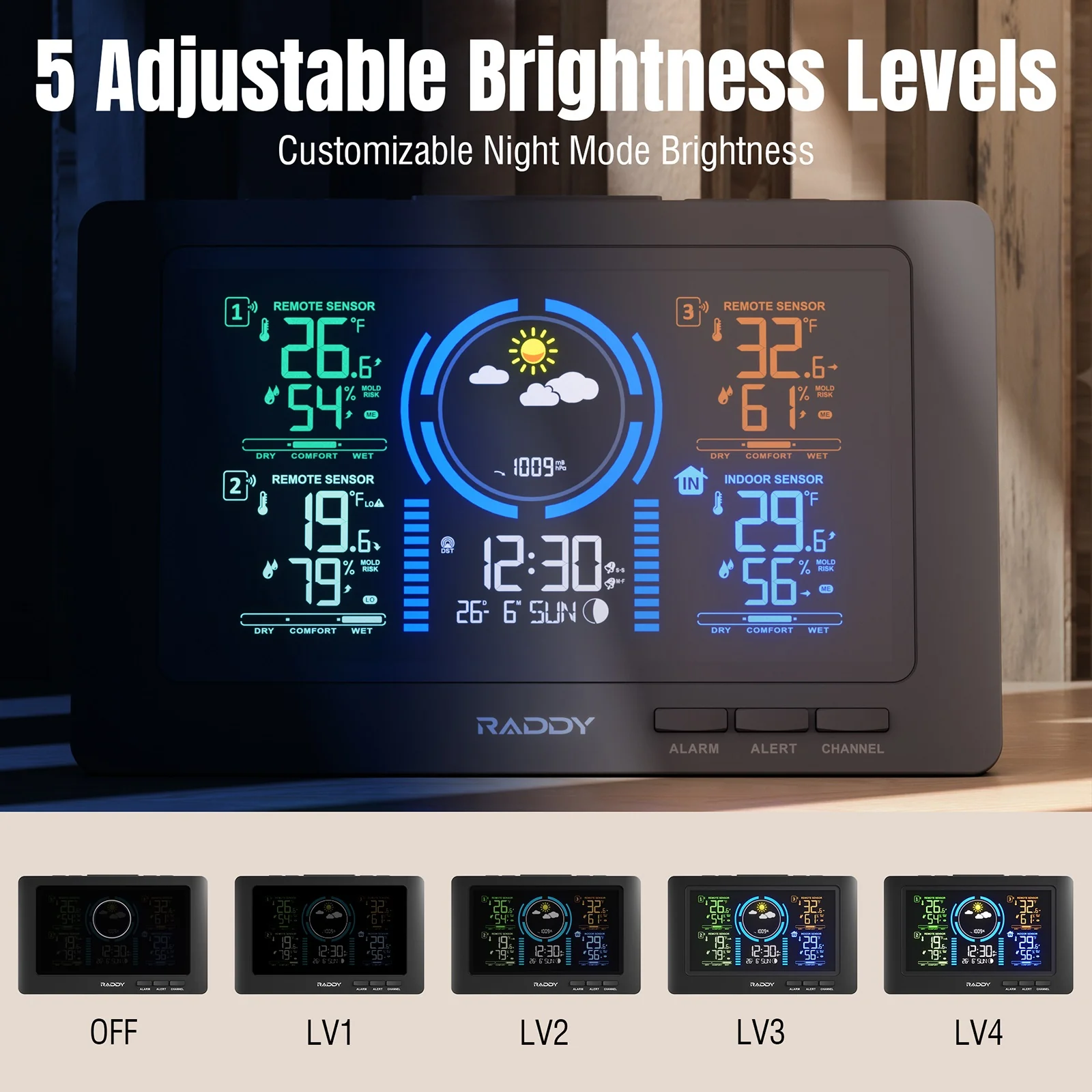 Raddy WF-80C Weather Station | 7.5'' Large Color Display | Adjustable Backlight | Atomic Clock | 3 Outdoor Sensors - Image 4