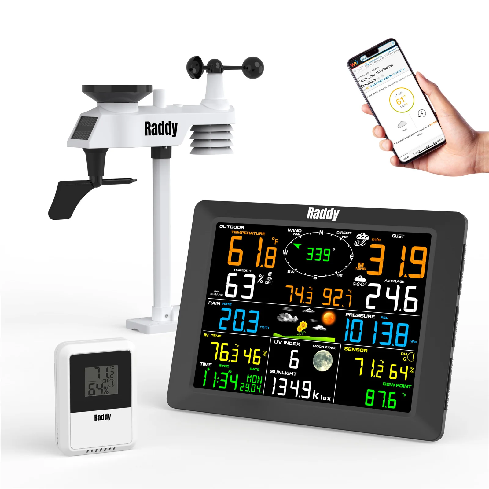 Raddy WF-100C Professional Weather Station | Wireless Sensor | Large Display | Rain Gauge Wind Speed Solar Alarm Clock - Image 10