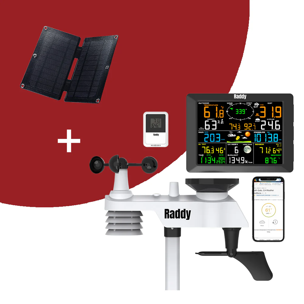 Raddy WF-100C Professional Weather Station | Wireless Sensor | Large Display | Rain Gauge Wind Speed Solar Alarm Clock - Image 11