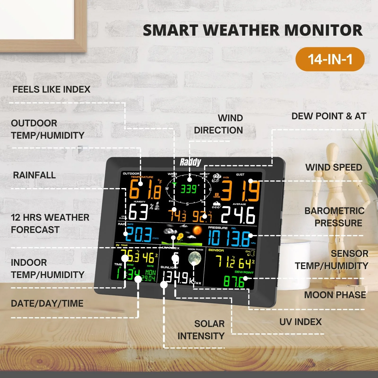 Raddy WF-100C Professional Weather Station | Wireless Sensor | Large Display | Rain Gauge Wind Speed Solar Alarm Clock - Image 3