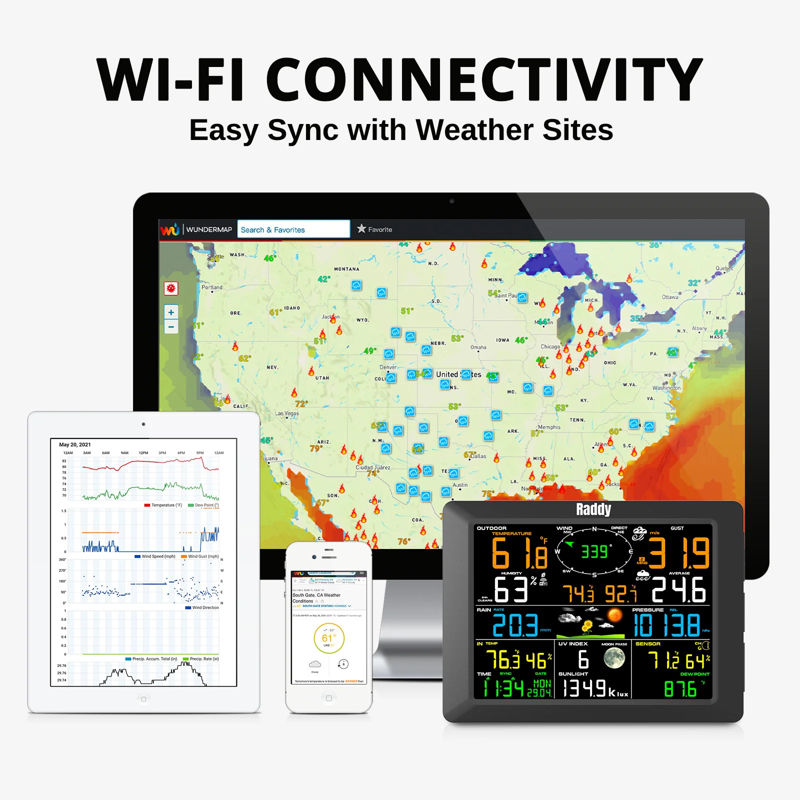 Raddy WF-100C Professional Weather Station | Wireless Sensor | Large Display | Rain Gauge Wind Speed Solar Alarm Clock - Image 6