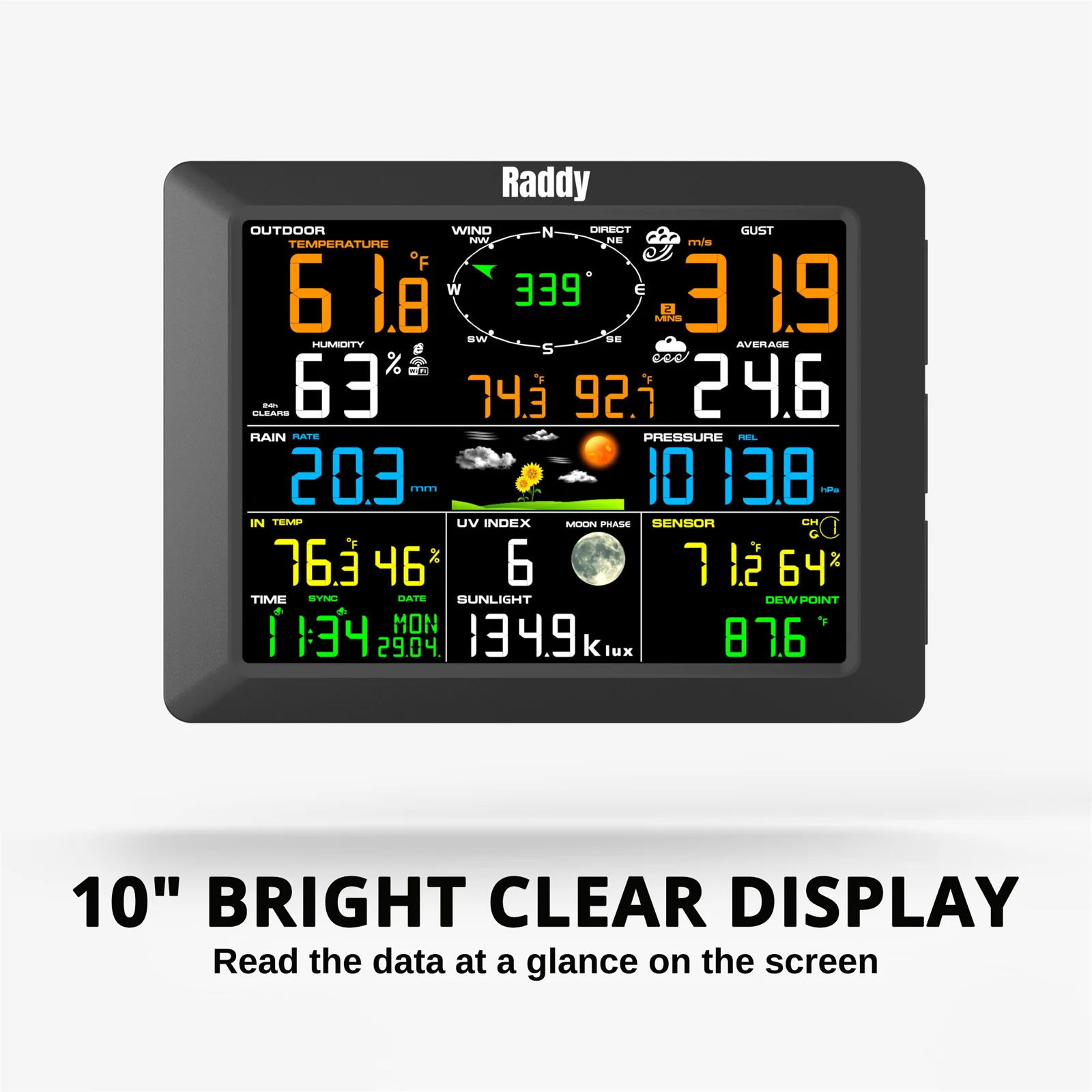 Raddy WF-100C Professional Weather Station | Wireless Sensor | Large Display | Rain Gauge Wind Speed Solar Alarm Clock - Image 7