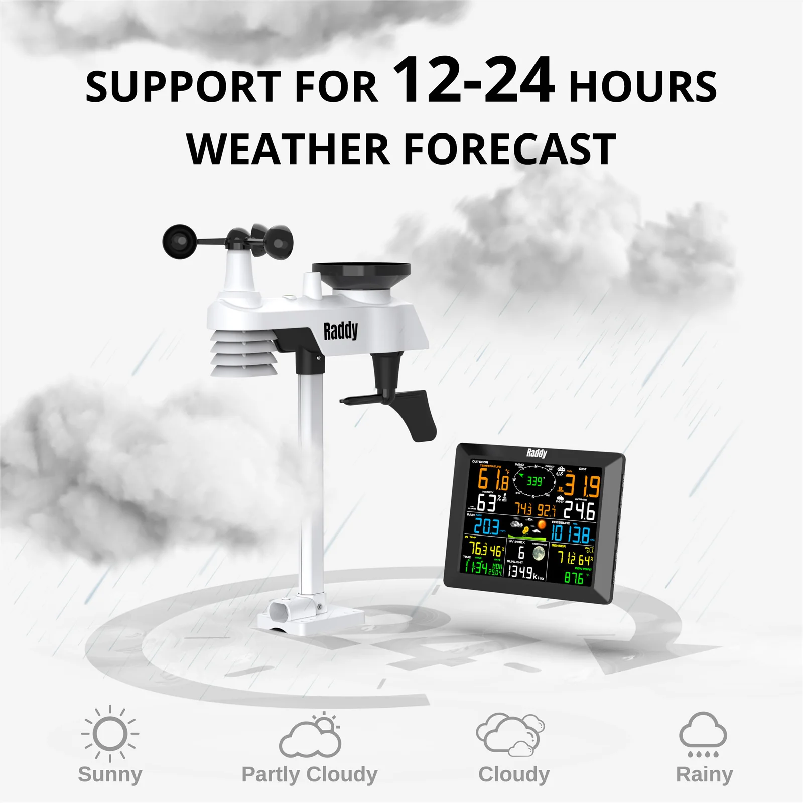 Raddy WF-100C Professional Weather Station | Wireless Sensor | Large Display | Rain Gauge Wind Speed Solar Alarm Clock - Image 8