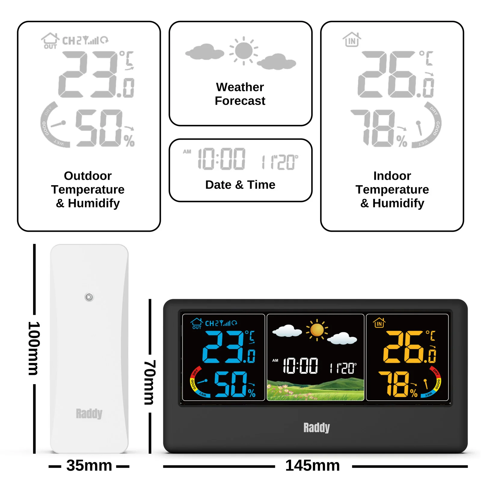 Raddy WF-55C Wireless Weather Station | Color Display | Weather Forecast | Thermometer Hygrometer - Image 3