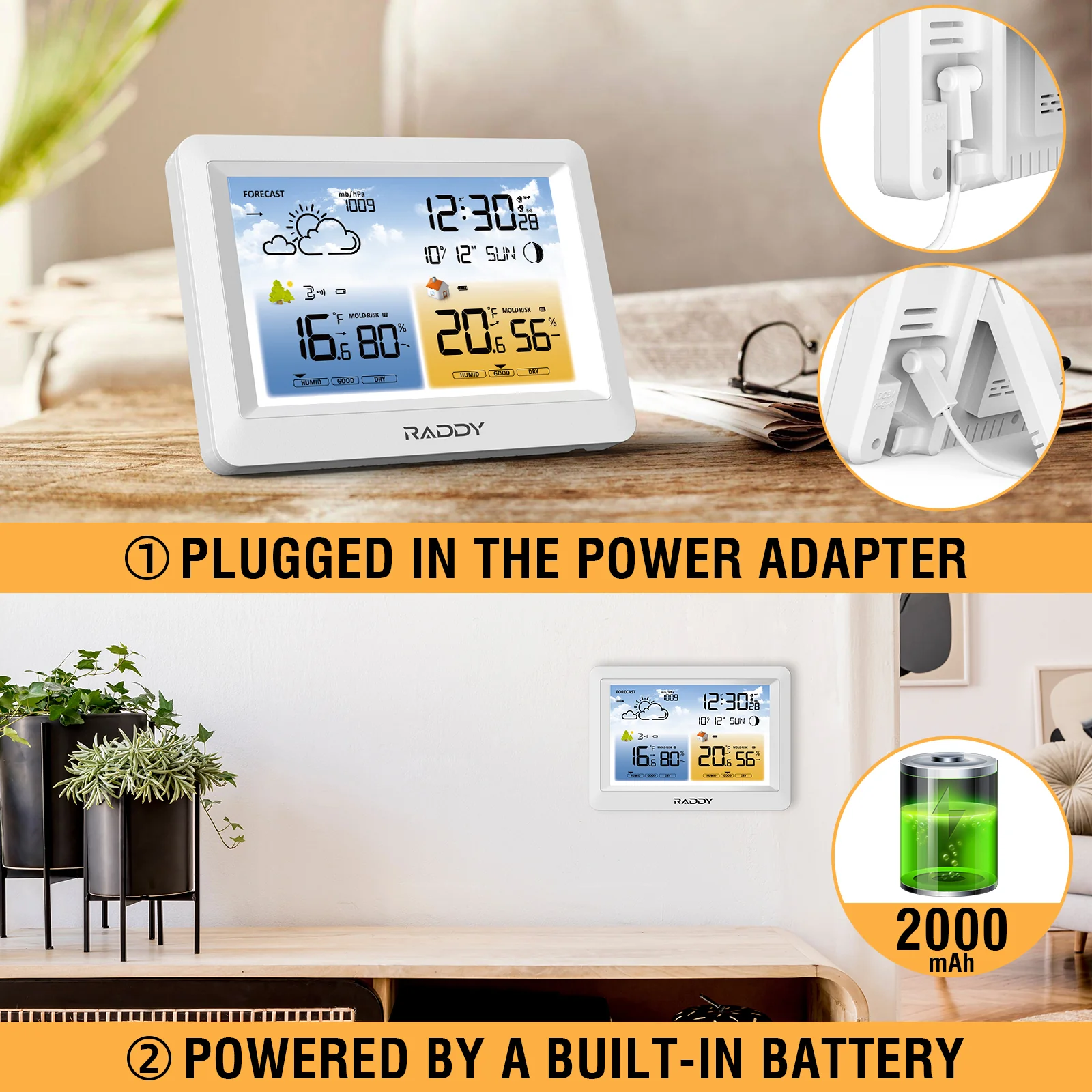 Raddy WM6 Weather Station | Wireless Thermometer Hygrometer | Built-in 2000mAh Battery | Mold Risk Alert - Image 5