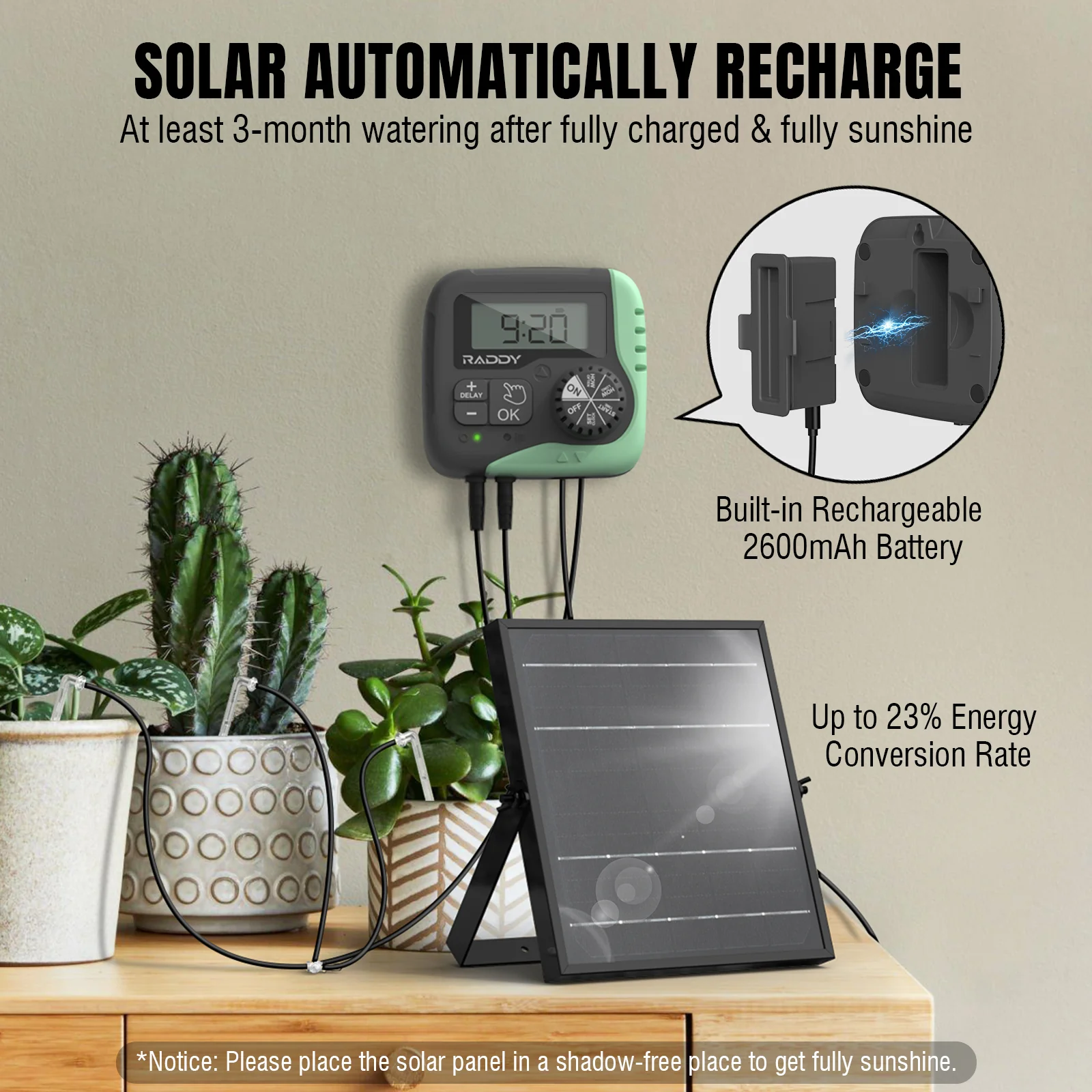Raddy WS-1 Solar Drip Irrigation Kit | Automatic Plant Watering | Dual Power Supply | Programmable Timer - Image 5