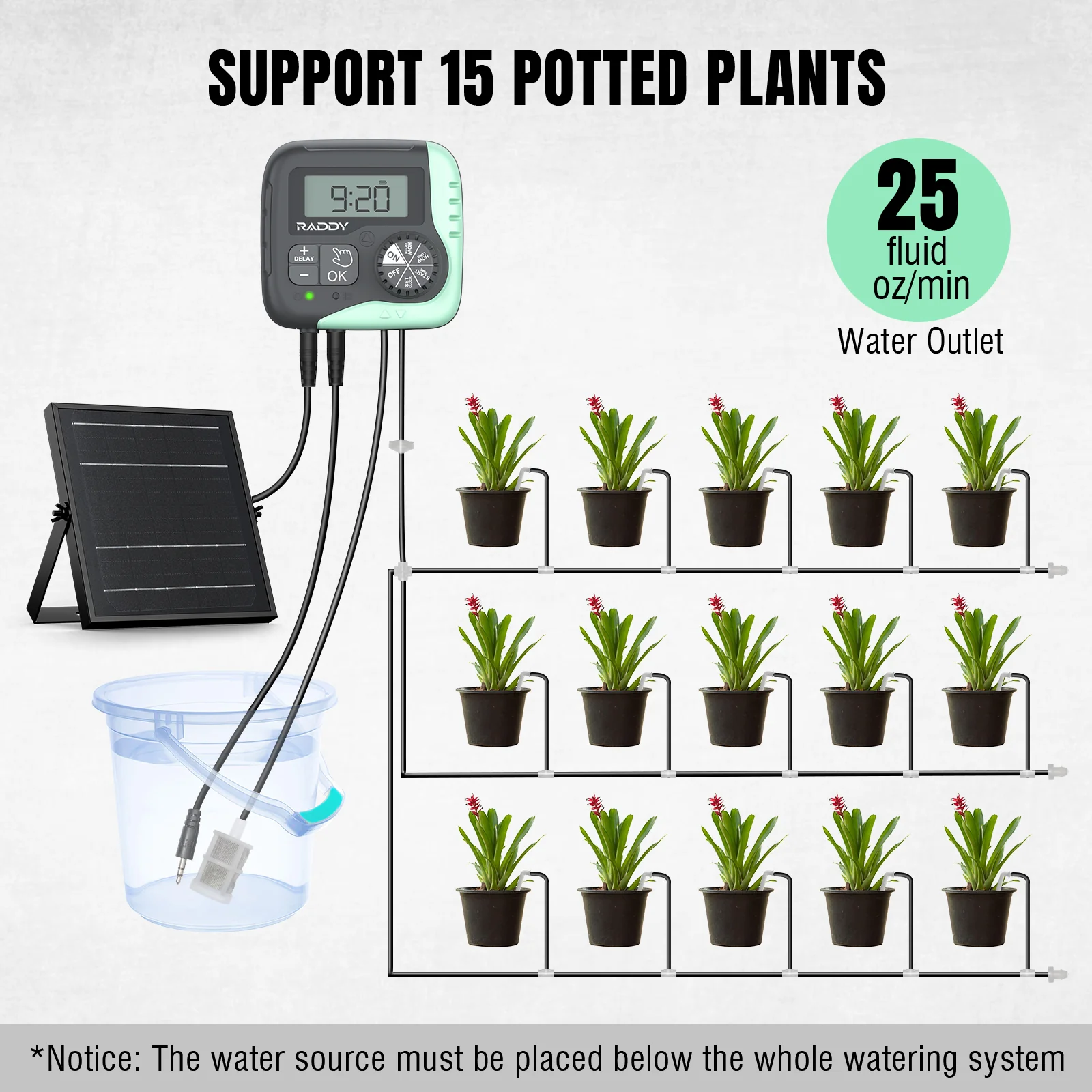Raddy WS-1 Solar Drip Irrigation Kit | Automatic Plant Watering | Dual Power Supply | Programmable Timer - Image 7