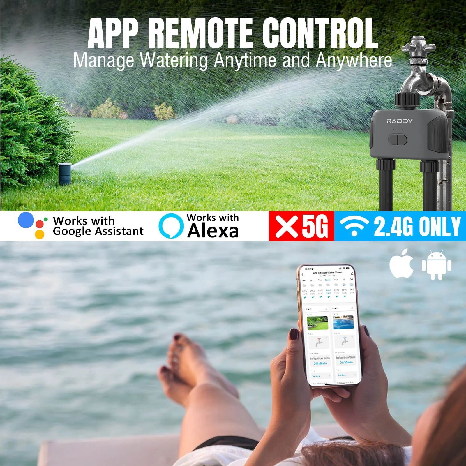 Raddy WS-3 WiFi Sprinkler Timer | 2 Zone | IPX5 Waterproof | APP Control | Automatic Irrigation System - Image 4