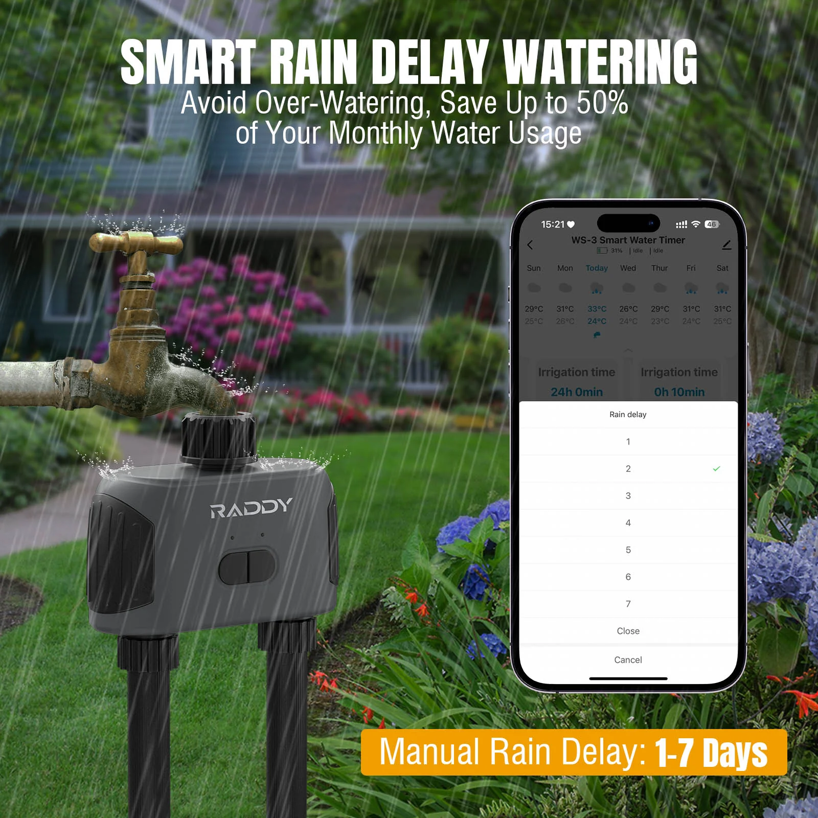Raddy WS-3 WiFi Sprinkler Timer | 2 Zone | IPX5 Waterproof | APP Control | Automatic Irrigation System - Image 5