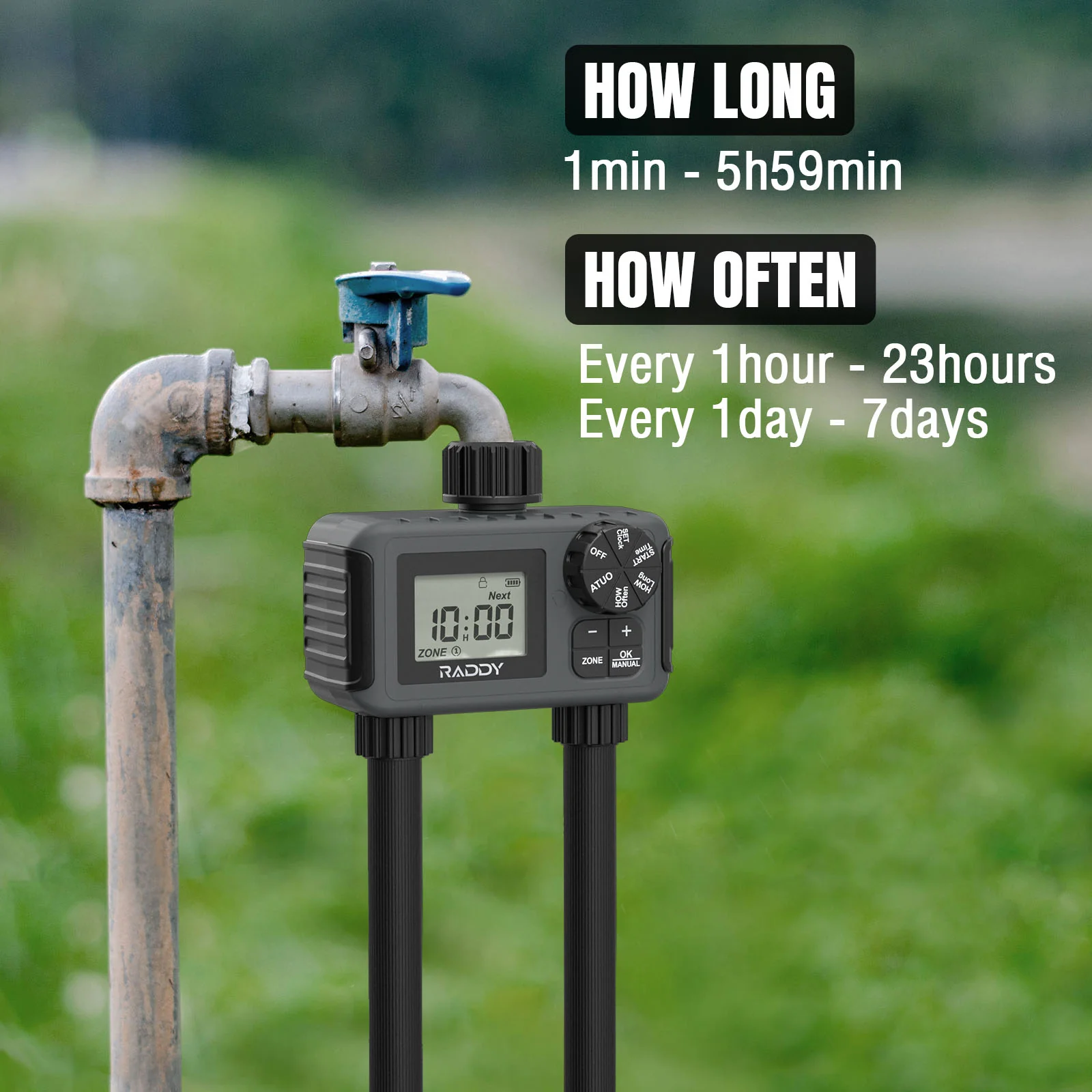 Raddy WS-5 Water Timer | 2 Outlet | IP55 Waterproof | Large Screen | Low BatteryAlert | Rain Delay | Manual Mode - Image 2