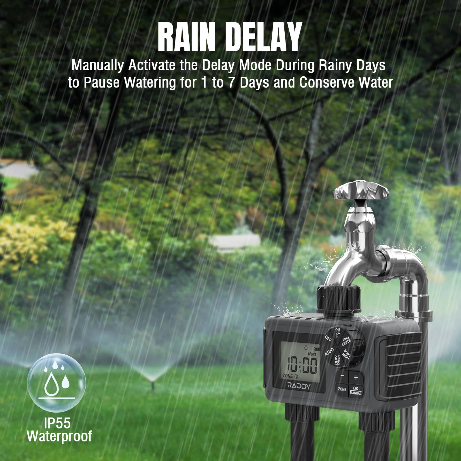 Raddy WS-5 Water Timer | 2 Outlet | IP55 Waterproof | Large Screen | Low BatteryAlert | Rain Delay | Manual Mode - Image 4