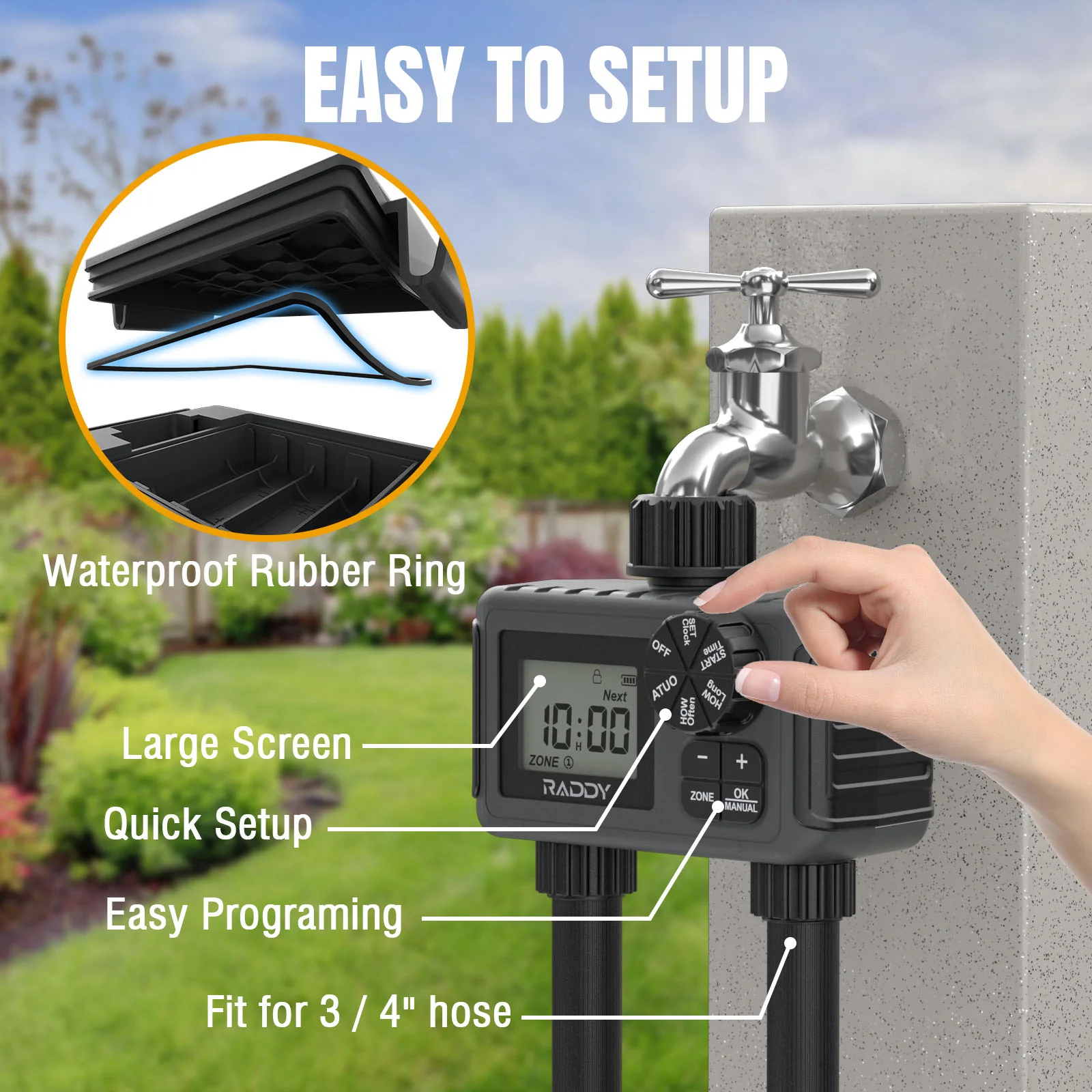 Raddy WS-5 Water Timer | 2 Outlet | IP55 Waterproof | Large Screen | Low BatteryAlert | Rain Delay | Manual Mode - Image 6