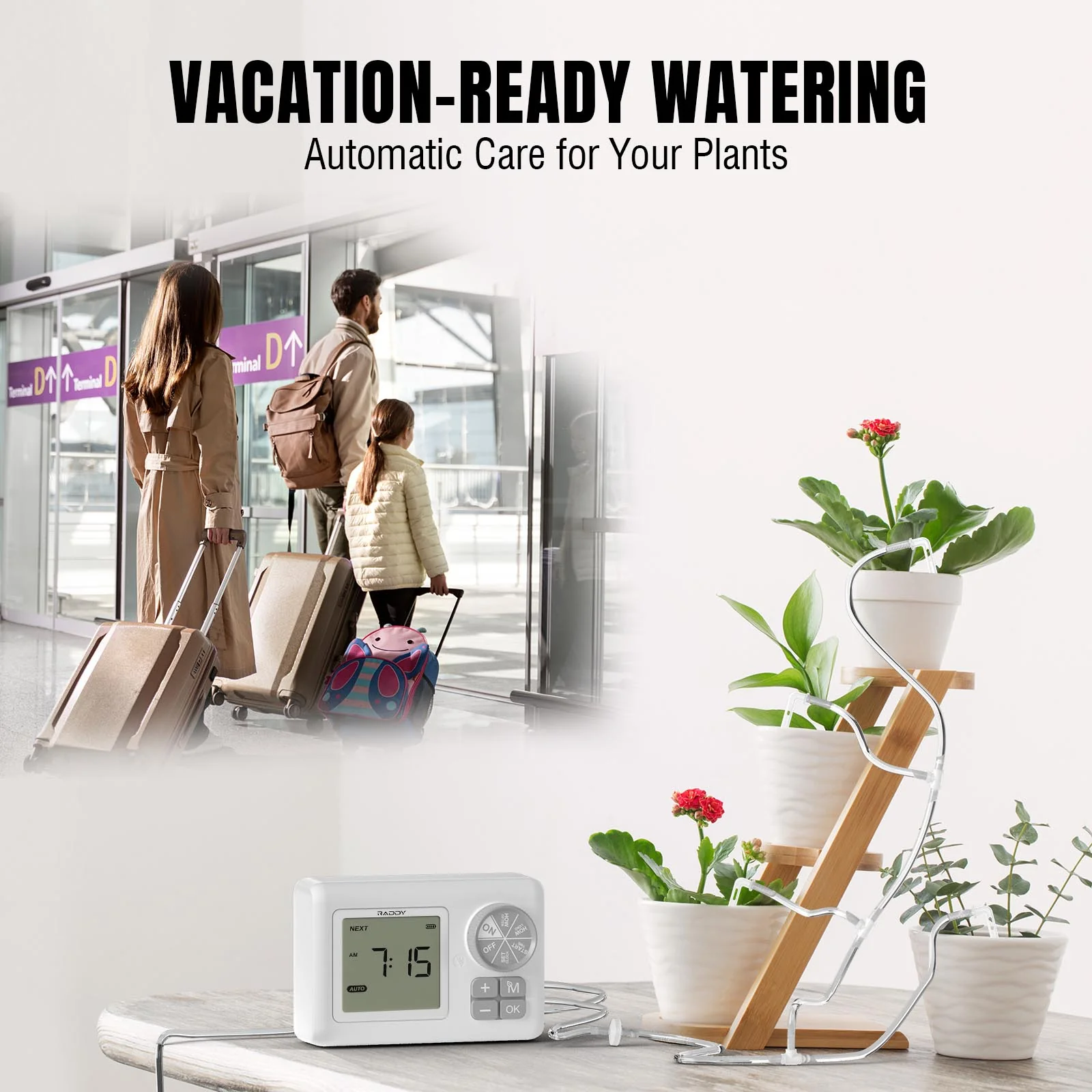 Raddy WS-6/WS-64 Automatic Drip Irrigation Kit | LCD Display | Programmable Water Timer | Water Shortage Alarm | for 15 Potted Plants - Image 2