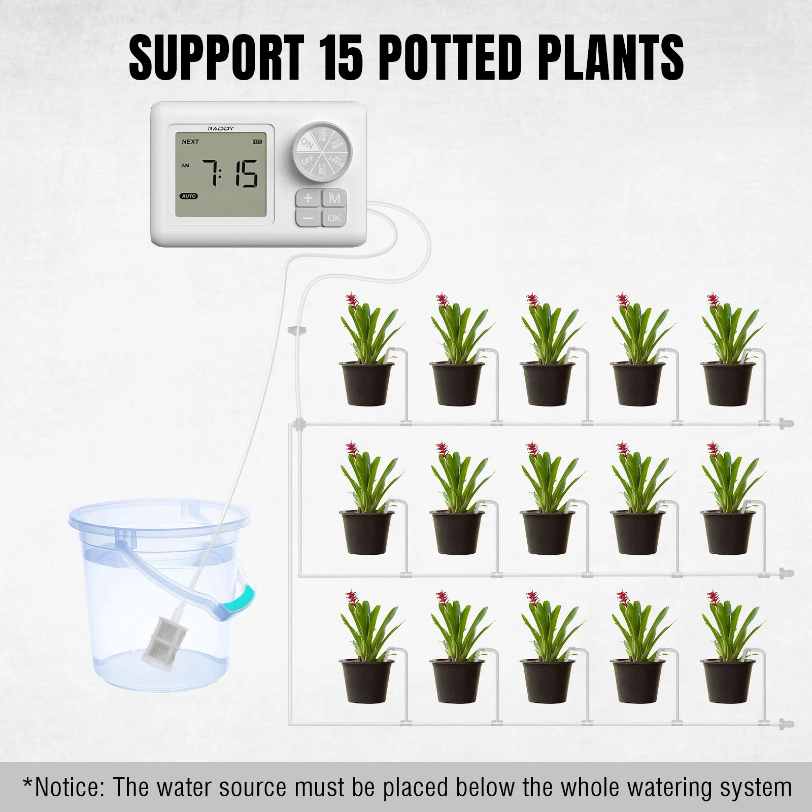Raddy WS-6/WS-64 Automatic Drip Irrigation Kit | LCD Display | Programmable Water Timer | Water Shortage Alarm | for 15 Potted Plants - Image 5