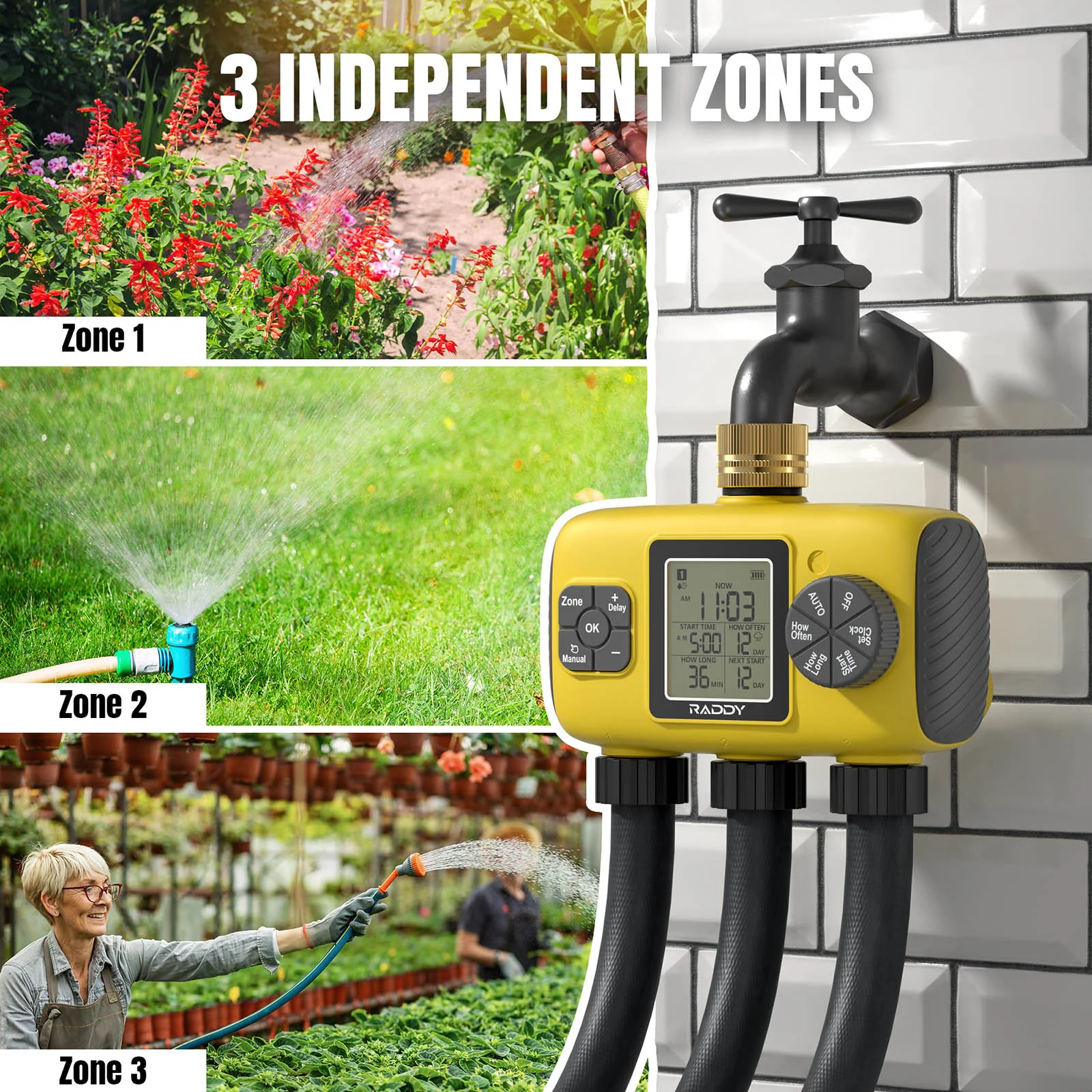 Raddy WS-8 Sprinkler Timer | 3 Zone | Large LCD Display |  IPX5 | Rain Delay | Auto Irrigation Timer - Image 2
