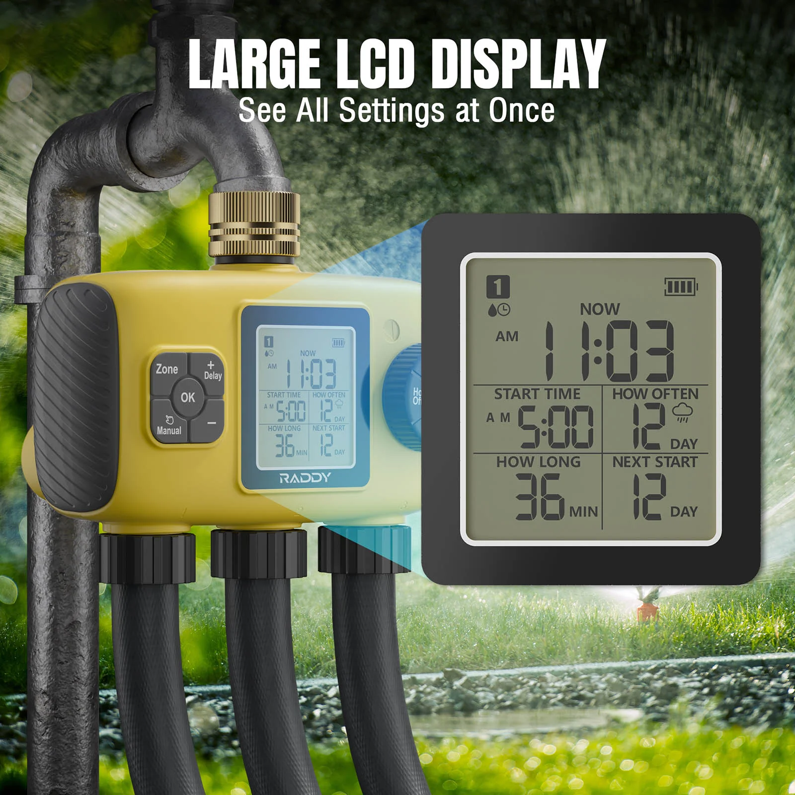 Raddy WS-8 Sprinkler Timer | 3 Zone | Large LCD Display |  IPX5 | Rain Delay | Auto Irrigation Timer - Image 4