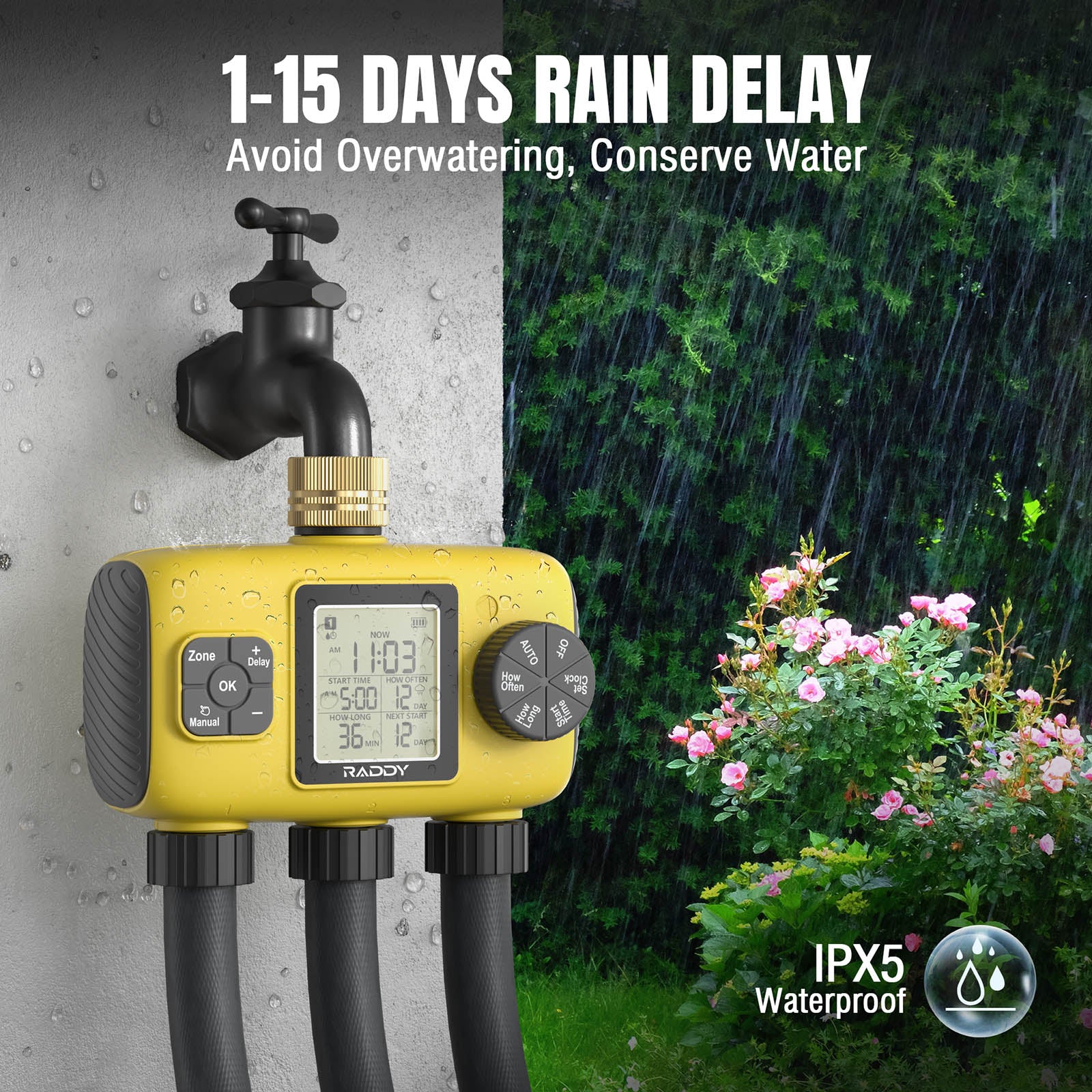 Raddy WS-8 Sprinkler Timer | 3 Zone | Large LCD Display |  IPX5 | Rain Delay | Auto Irrigation Timer - Image 5