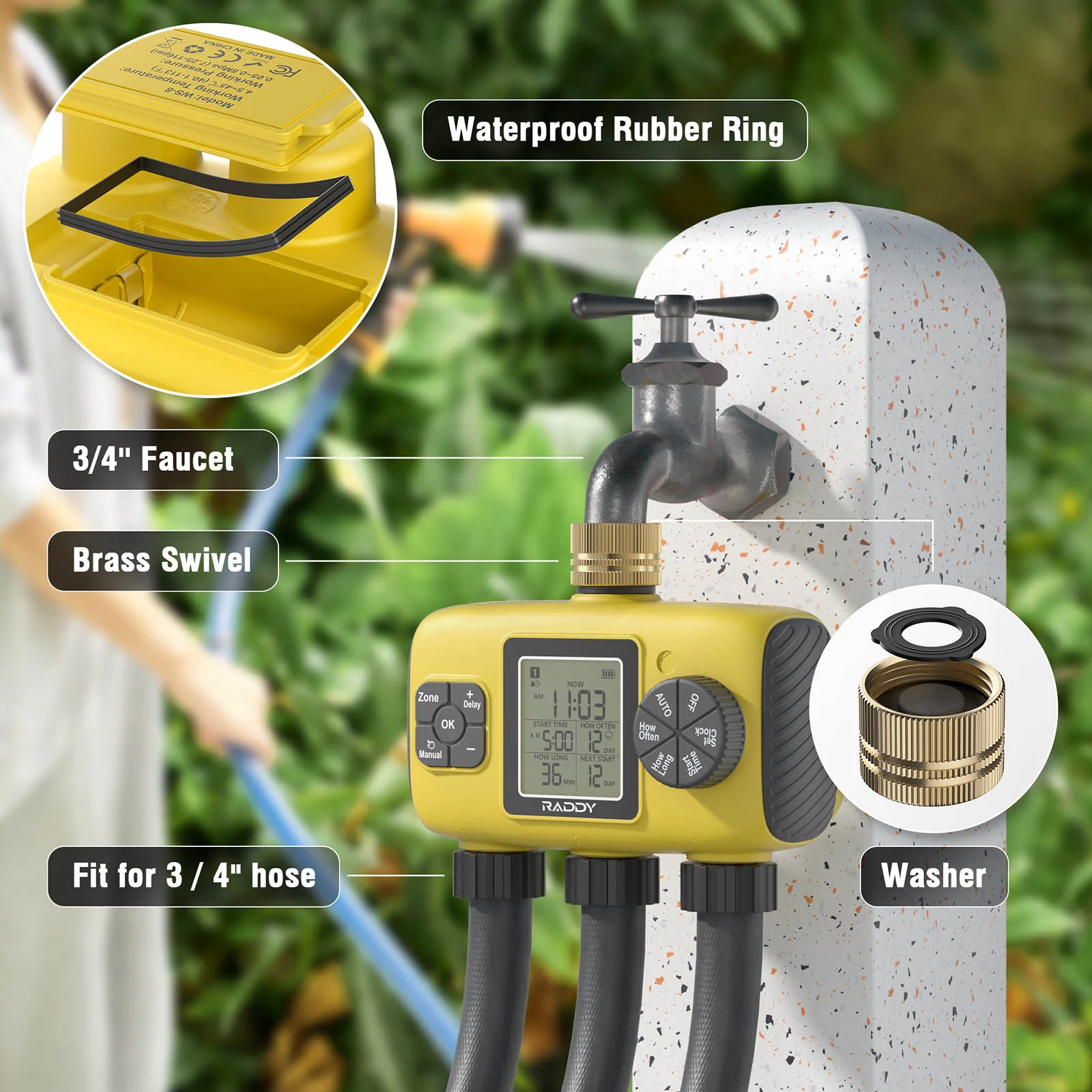 Raddy WS-8 Sprinkler Timer | 3 Zone | Large LCD Display |  IPX5 | Rain Delay | Auto Irrigation Timer - Image 6