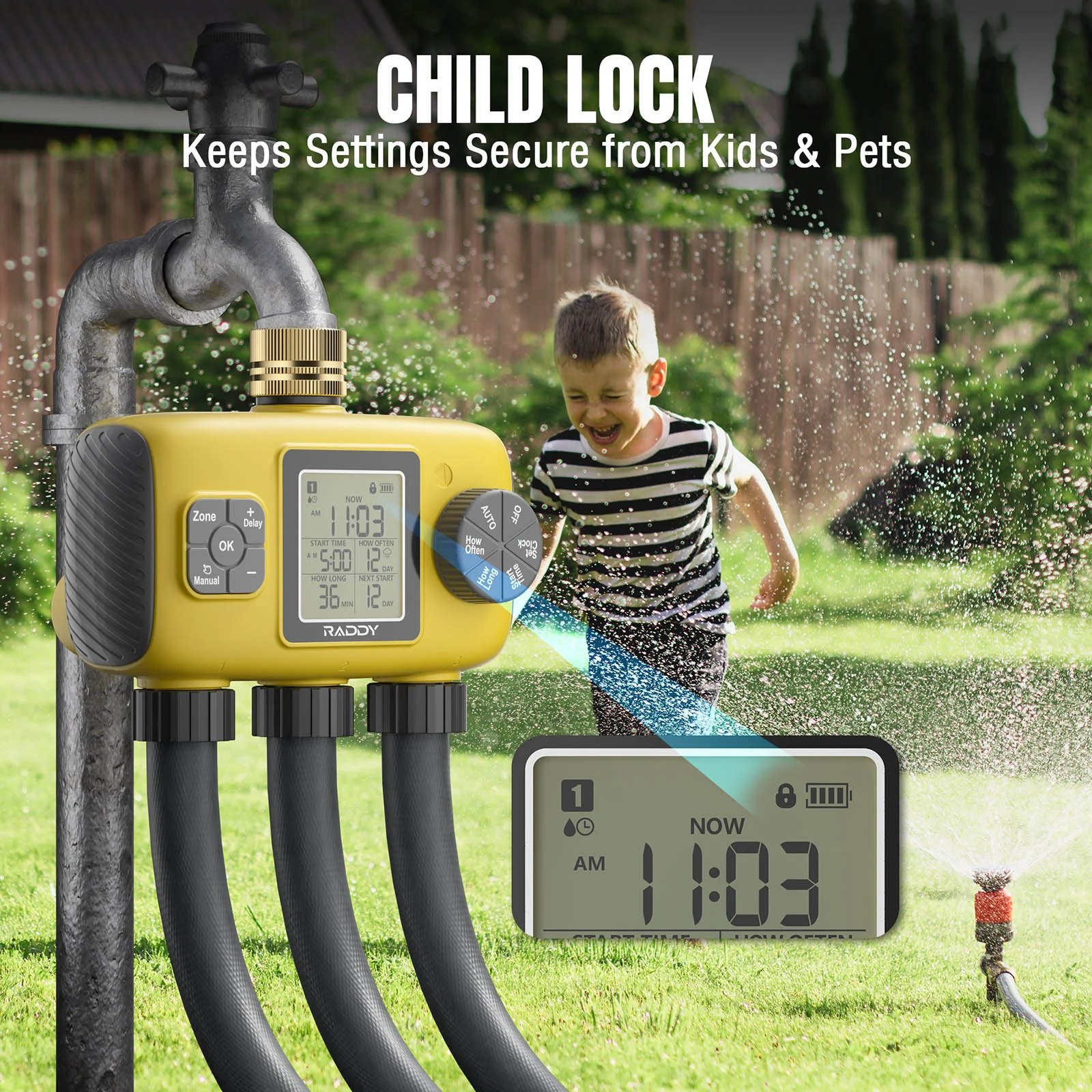 Raddy WS-8 Sprinkler Timer | 3 Zone | Large LCD Display |  IPX5 | Rain Delay | Auto Irrigation Timer - Image 8