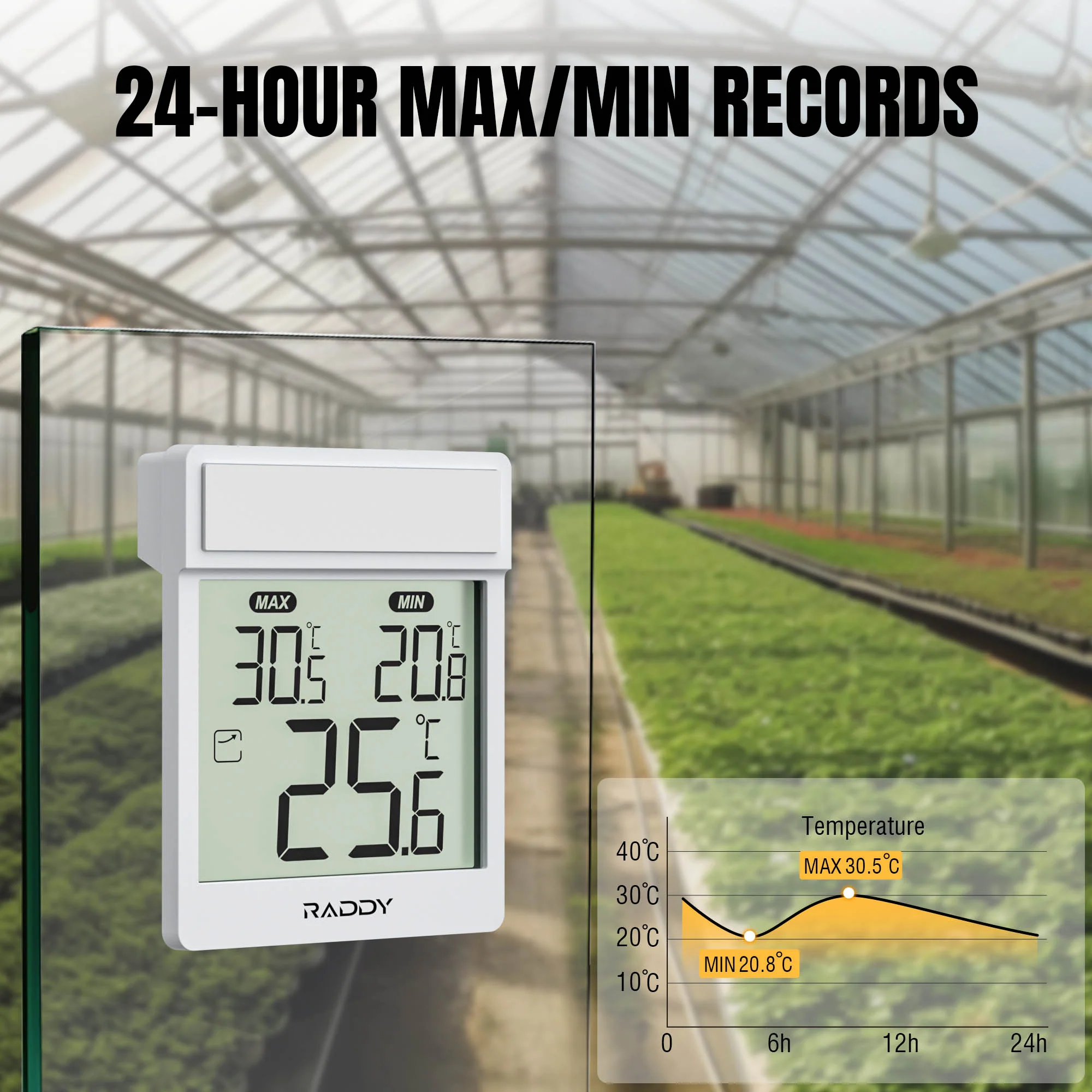 Raddy WT-1 Digital Window Thermometer |  IP44 Waterproof | Clear LCD Display | Max/Min Record | Easy Stick-on Mount | Battery Powered - Image 12