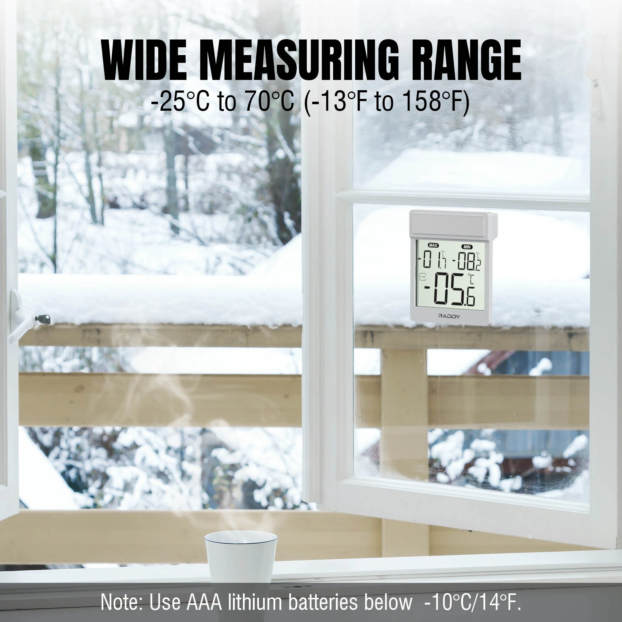 Raddy WT-1 Digital Window Thermometer |  IP44 Waterproof | Clear LCD Display | Max/Min Record | Easy Stick-on Mount | Battery Powered - Image 5