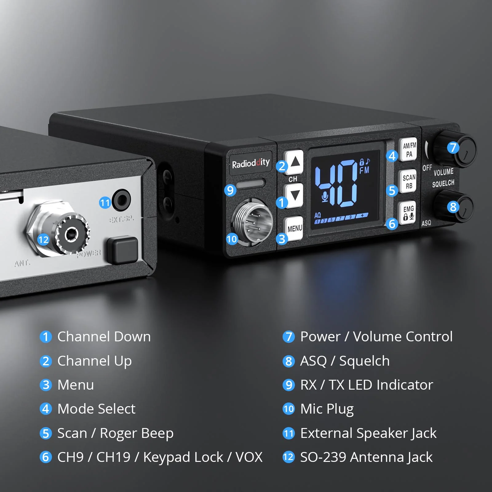 Radioddity CB-606 / CB-606 Pro CB Radio | 4W | AM/FM/PA | 2.2’’ LCD Display | Instant Channel 9/19 | NB/ASQ/SQ | 40 Channels - Image 12