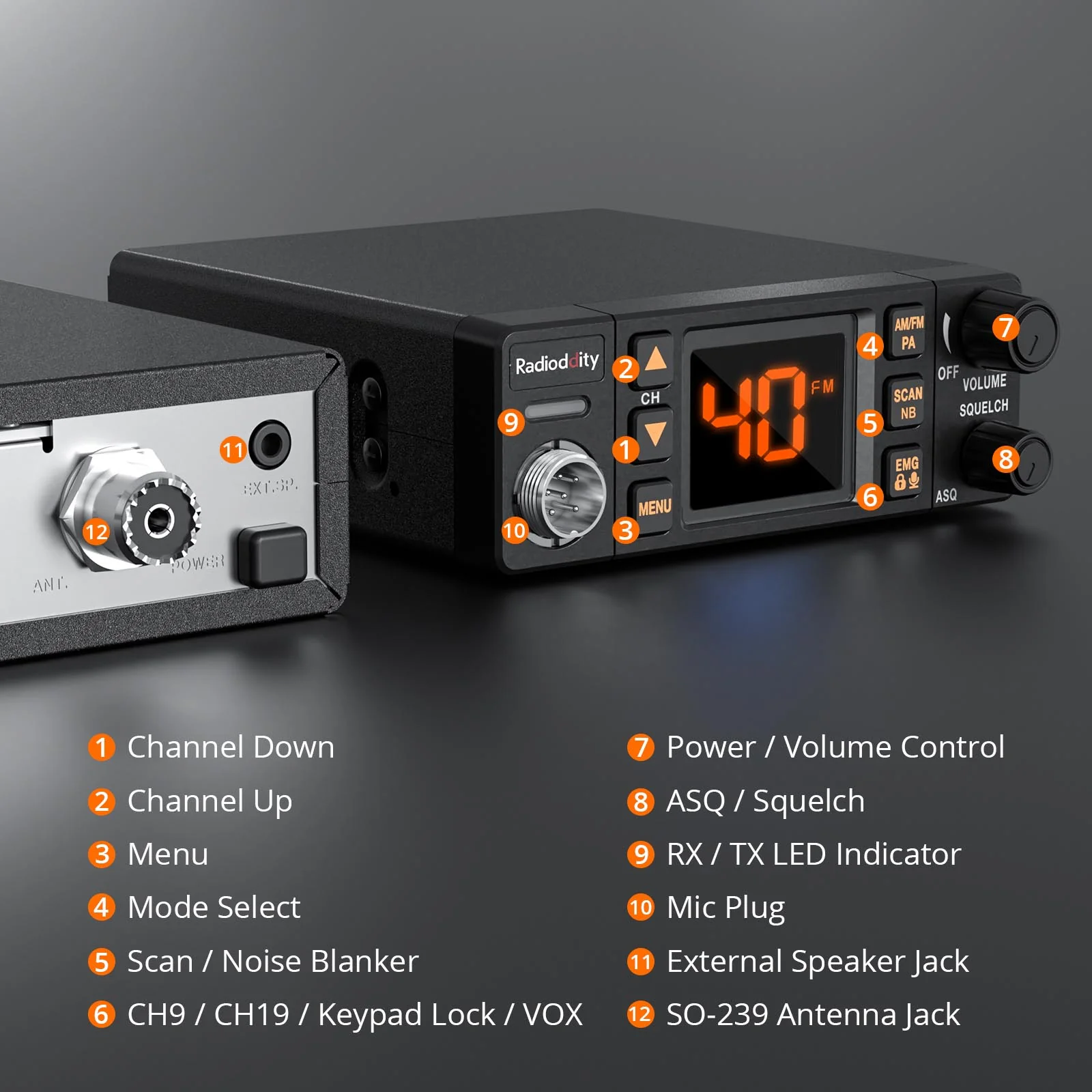 Radioddity CB-606 / CB-606 Pro CB Radio | 4W | AM/FM/PA | 2.2’’ LCD Display | Instant Channel 9/19 | NB/ASQ/SQ | 40 Channels - Image 3