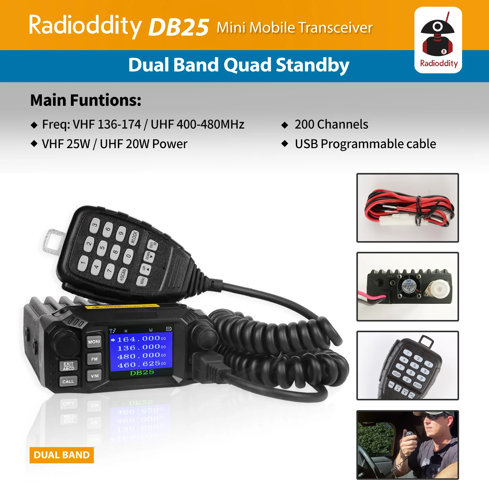 DB25 Pro Dual Band Quad-standby Mini Mobile Radio + 50W Antenna + Cable - Image 6