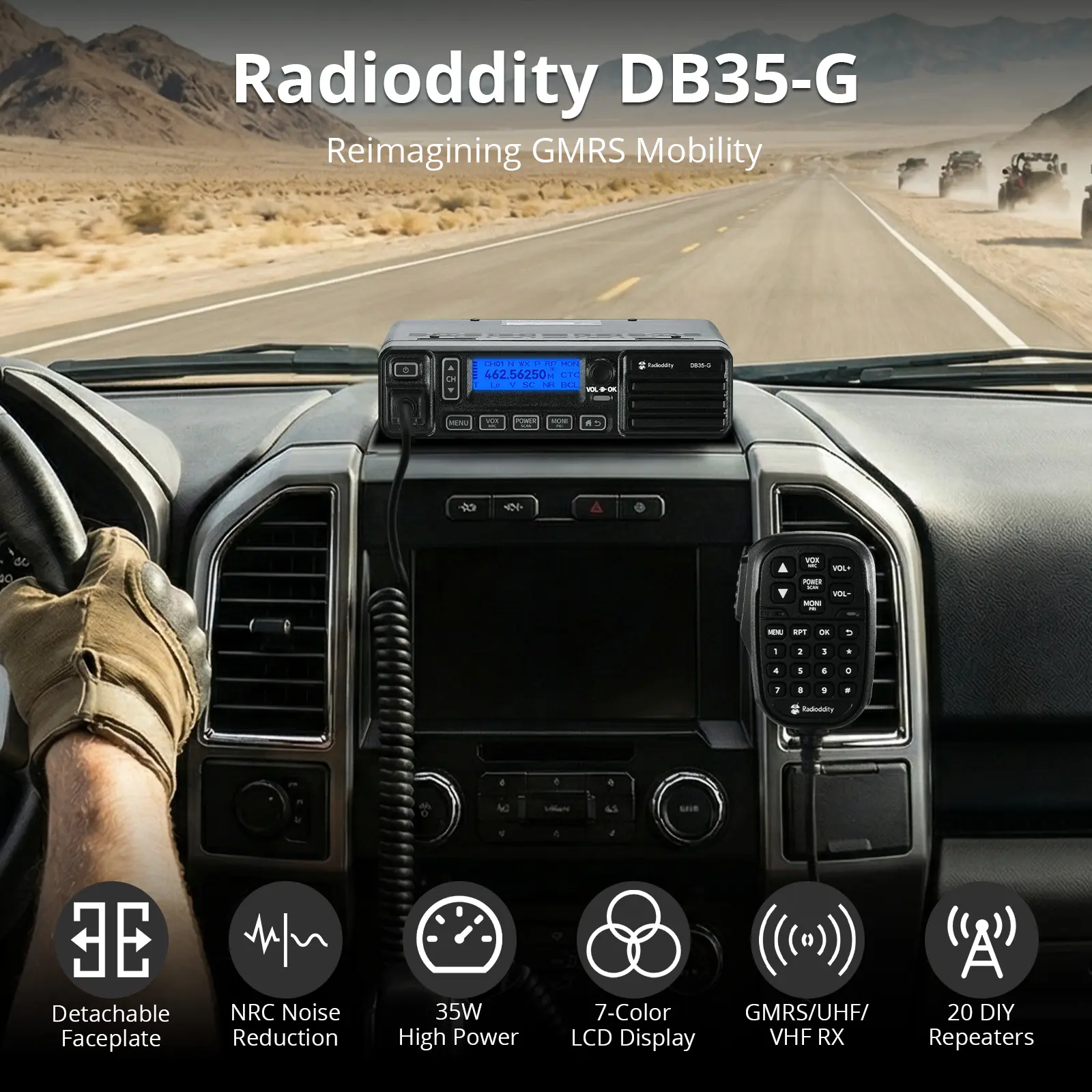 Radioddity DB35-G GMRS Mobile Radio | 35W | Detachable Faceplate | NRC Noise Reduction | 7-Color LCD Display | Programming Cable | UHF/VHF Receiver - Image 7