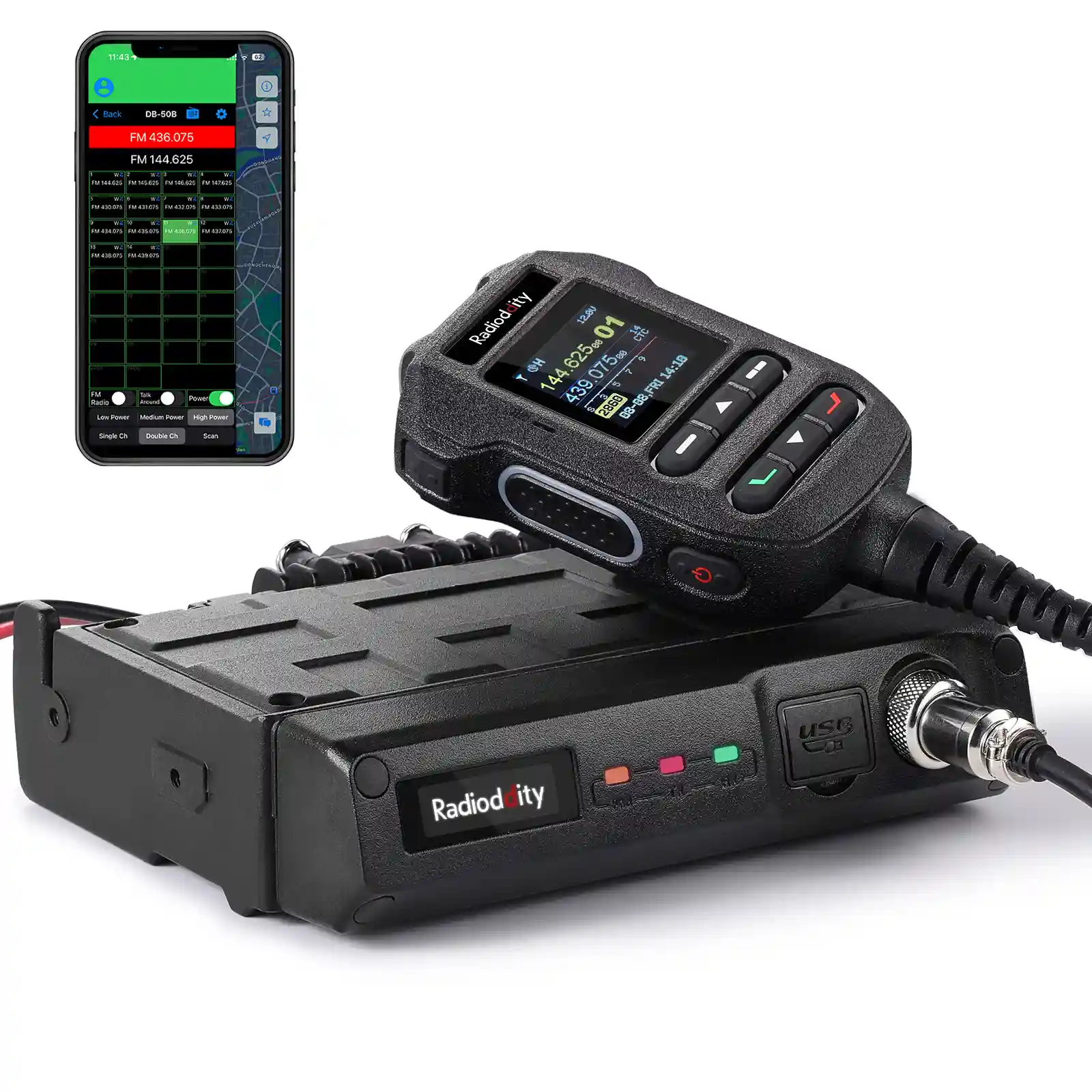 Radioddity DB50-B Mini Mobile Radio | 50W | GPS & APRS | Multi-band TX & RX | Bluetooth KISS TNC & APP Program | All-in-one MIC with Display