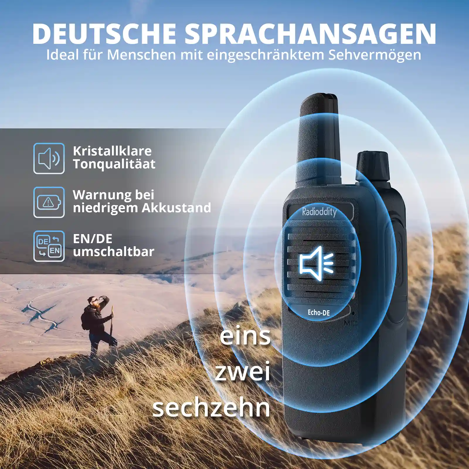 Radioddity Echo-DE/IT PMR446 Radio | German/ltalian Voice Prompts | Lightweight | 1200mAh Battery | USB-C Charging | VOX | Ideal for Hiking/Camping - Image 3