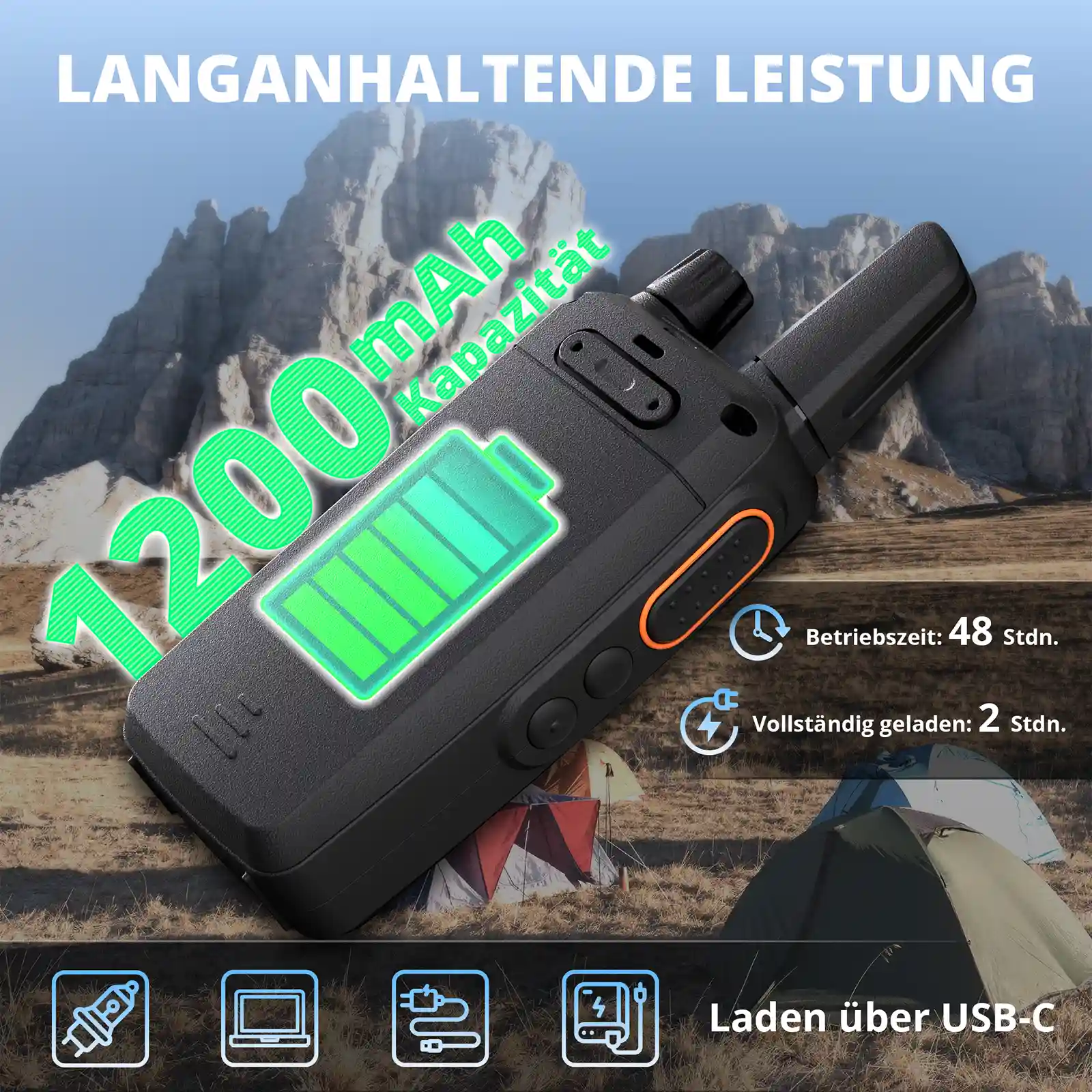 Radioddity Echo-DE/IT PMR446 Radio | German/ltalian Voice Prompts | Lightweight | 1200mAh Battery | USB-C Charging | VOX | Ideal for Hiking/Camping - Image 4
