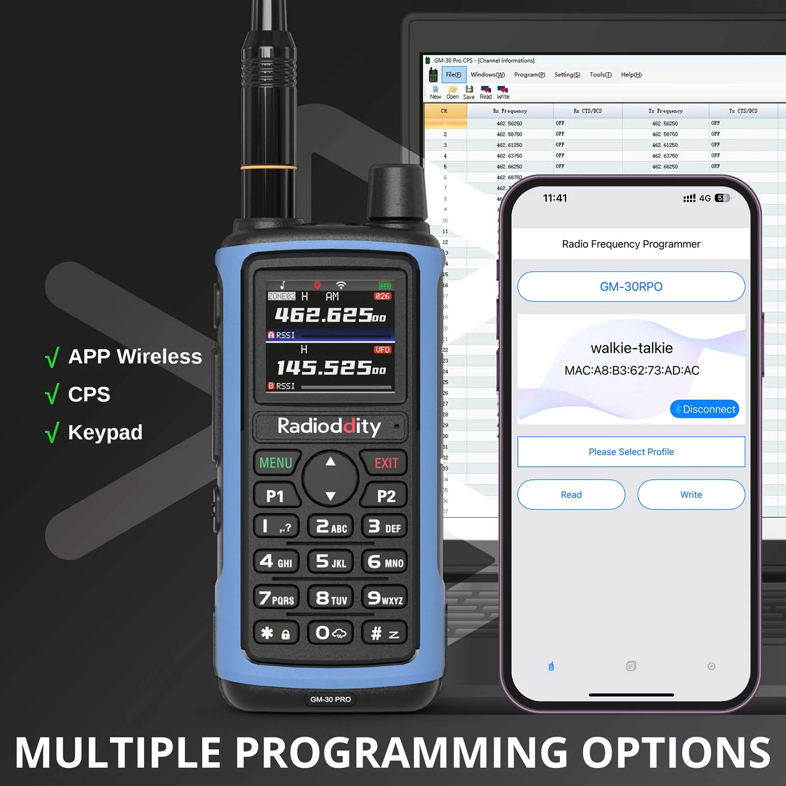 Radioddity GM-30 PRO GMRS Radio | 1.77" TFT Display | 1,000 Channels | APP Wireless Programming | UHF/VHF/ NOAA/FM/Airband RX | USB-C Charging | Frequency Copy | Support CHIRP Programming - Image 3