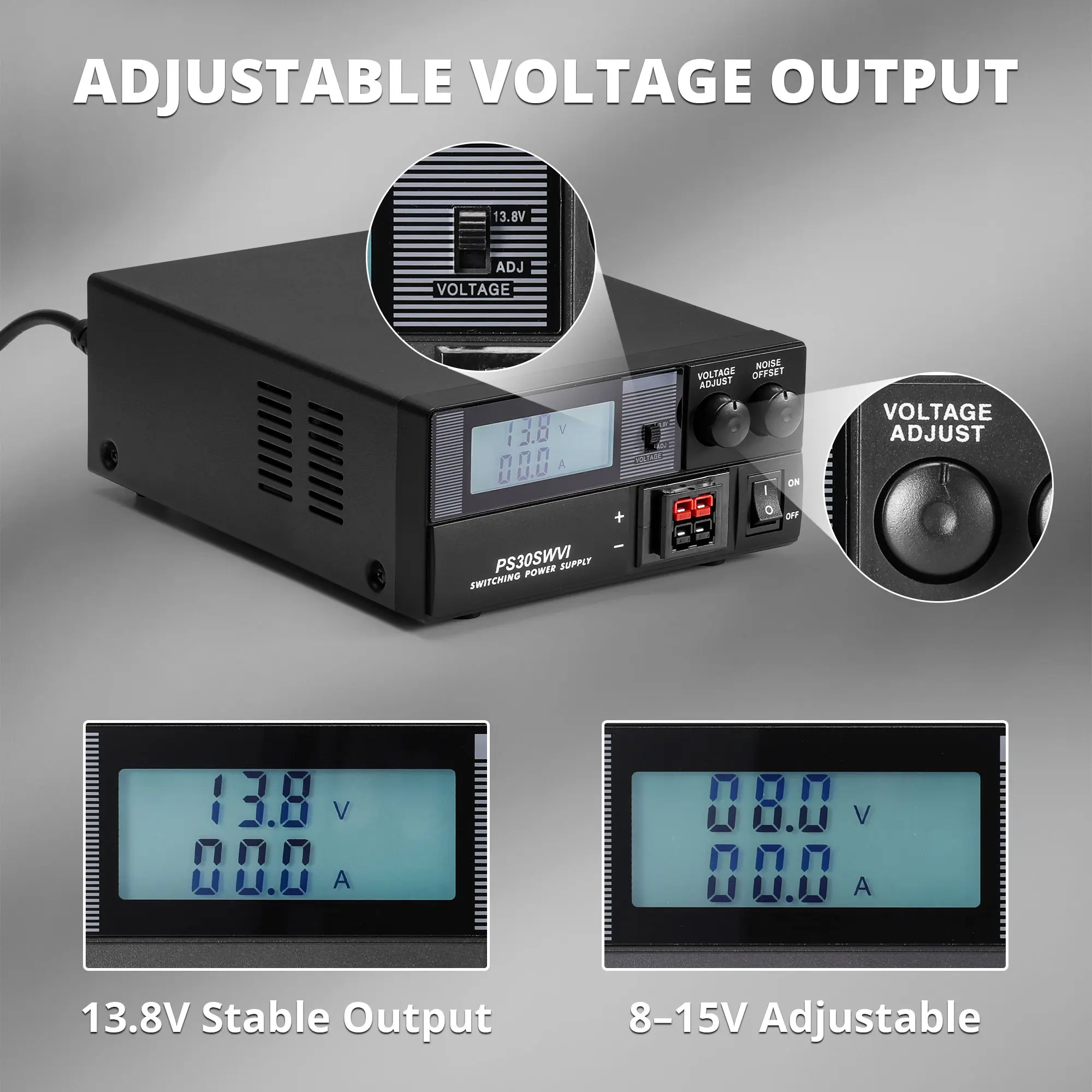 Radioddity PS30 Switching DC Power Supply | Anderson Powerpole(R) Compatible | 8–15V Adjustable | 13.8V Stable Output | 30A | Short Circuit & Overload Protection - Image 3