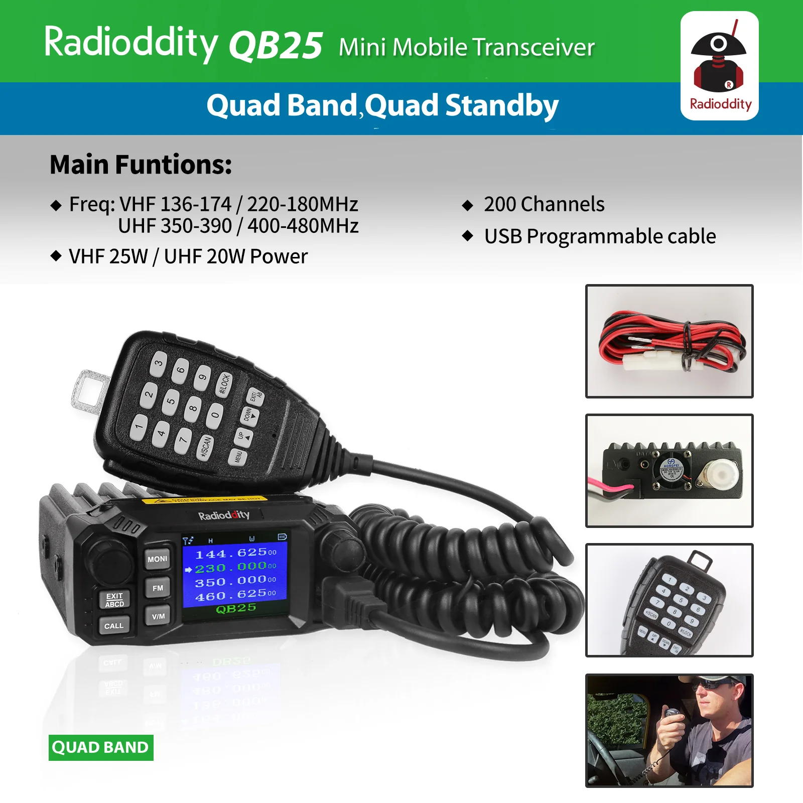QB25 Pro Quad Band Mini Mobile Radio+ Cable + 50W Antenna | Support CHIRP Programming - Image 6