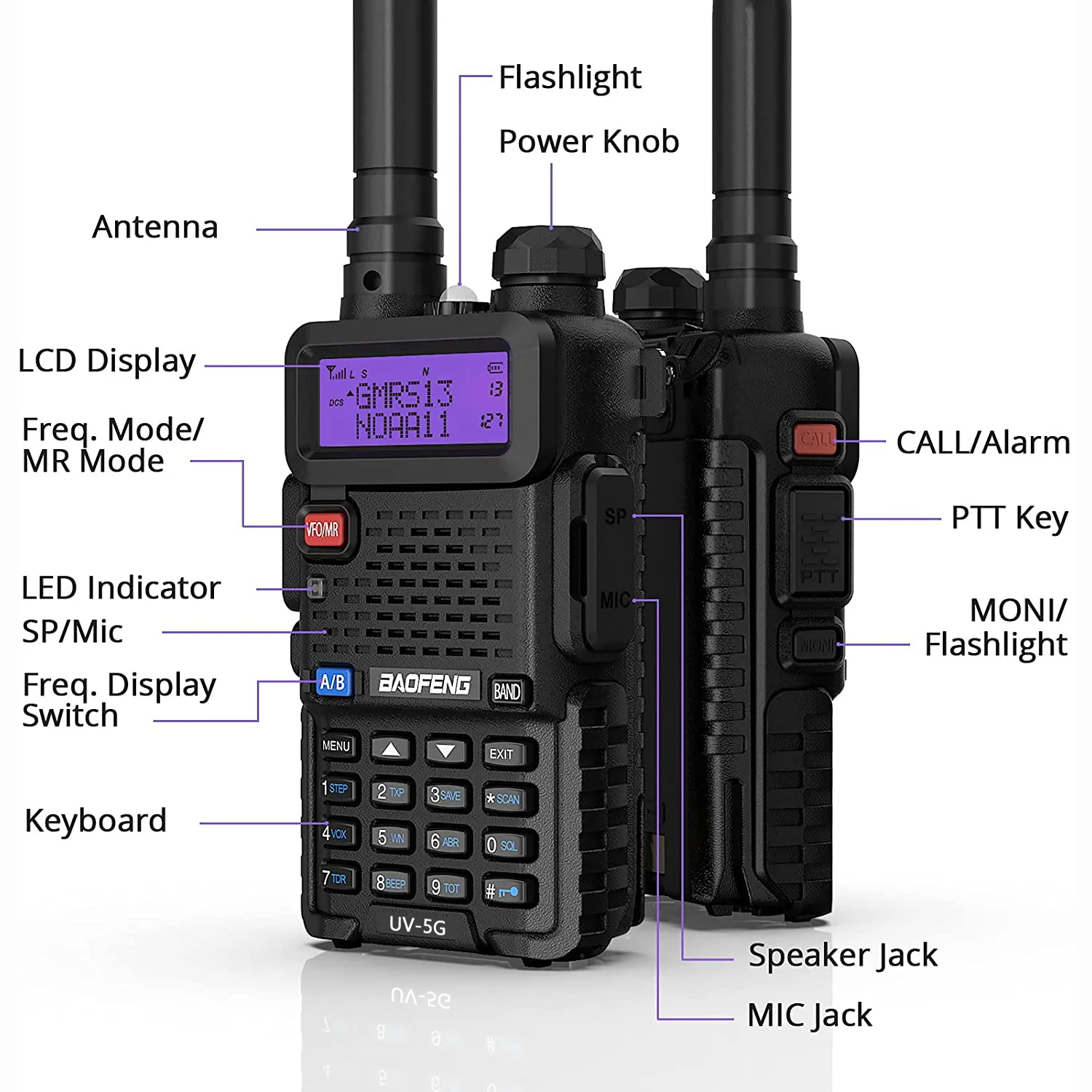 Baofeng UV-5X / UV-5G [1 Pair] GMRS Radio | 5W | Repeater Capable | NOAA Scan | Support CHIRP Programming - Image 7